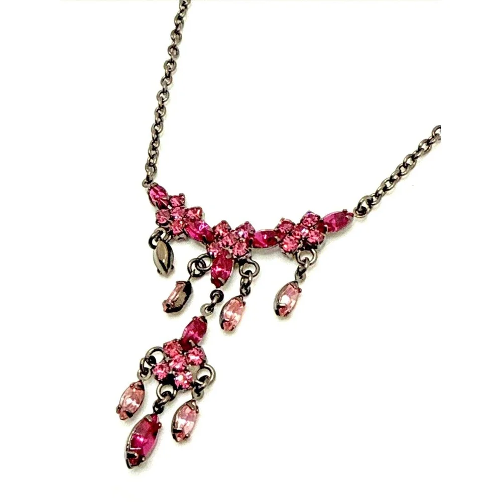 New VIESTE Pink Austrian Crystal Dangle Pendant Necklace Genuine Gems 16-18